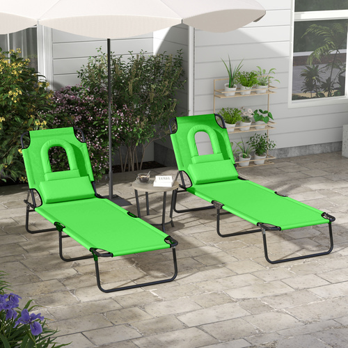Outsunny Folding Sun Loungers Set of 2 with Face Hole, 4-Position Adjustable Backrest Garden Recliner Chairs Sunbeds, Outdoor Lounge Chairs with 600 D Oxford Cloth Seat, Pillow for Beach, Green