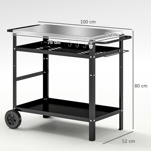 Outsunny BBQ Trolley with Stainless Steel Top Adjustable Shelf, Outdoor Kitchen Barbecue Station with Hooks Seasoning Tray Towel Rack, Pizza Oven Table Movable Grill Dining Cart with Cover, Black