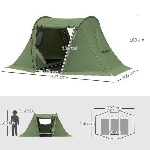 Outsunny 3 Man Camping Tent with Living Area and 2 Bedrooms, 3000mm Waterproof Family Tent with Sewn-in Groundsheet and bag, Portable Dome Shelter  for Hiking, Festival, Backpacking, Green