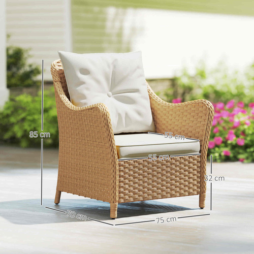 Outsunny Rattan Garden Chairs Set of 2, Outdoor Rattan Chairs with Cushions, Armrests and High Back, PE Wicker Garden Armchair with Steel Frame for Balcony, Porch, Beige
