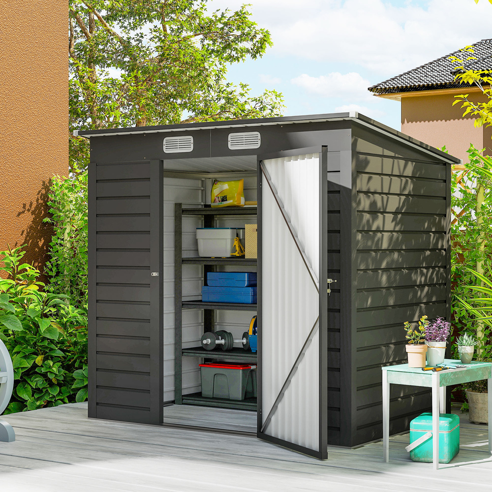 Outsunny 4 x 6ft Galvanised Metal Garden Shed, with Locking Door - Grey