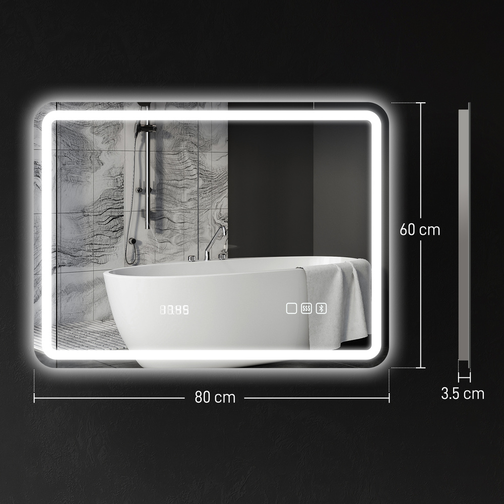 HOMCOM 80 x 60 cm Bluetooth Bathroom Mirror - Silver-Tone