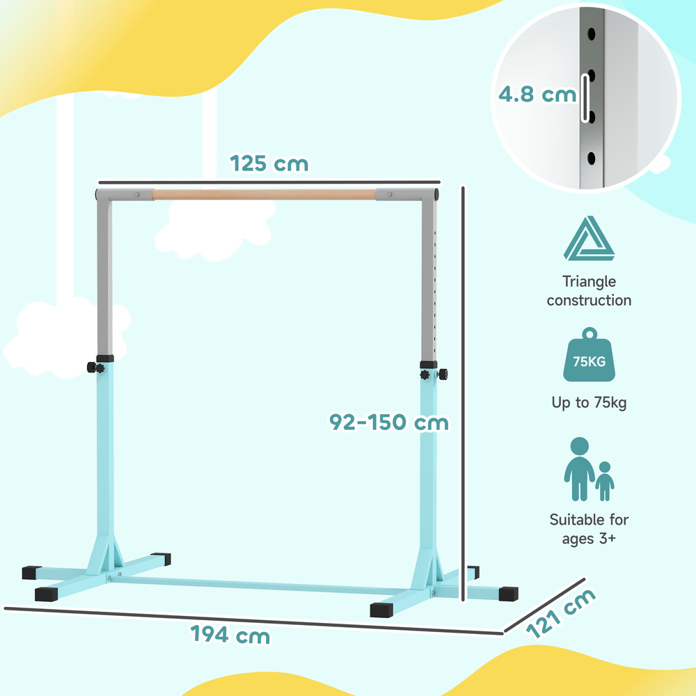 HOMCOM Height Adjustable Gymnastics Horizontal Bar for Kids, Children Junior Kip High Bar Fitness, Light Blue