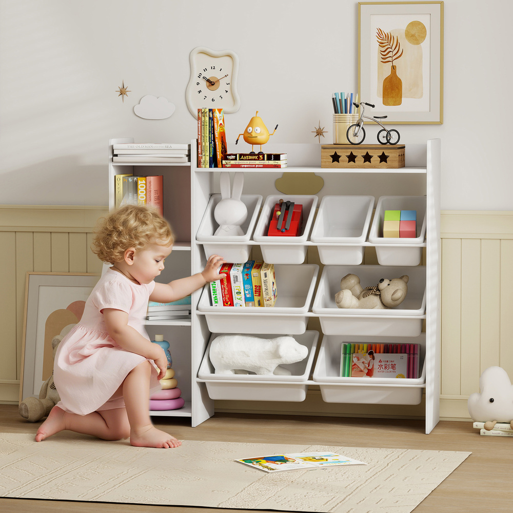 AIYAPLAY Toy Storage Unit with 8 Removable Bins, Storage Shelves, Cabinet, White
