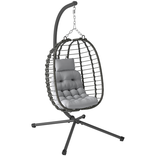 Outsunny Rattan Hanging Egg Chair, Foldable Wicker Hammock Swing Chair with Cushion, Stand, Adjustable Height, Head Pillow, Steel Frame for Garden Patio Indoor Outdoor, Light Grey