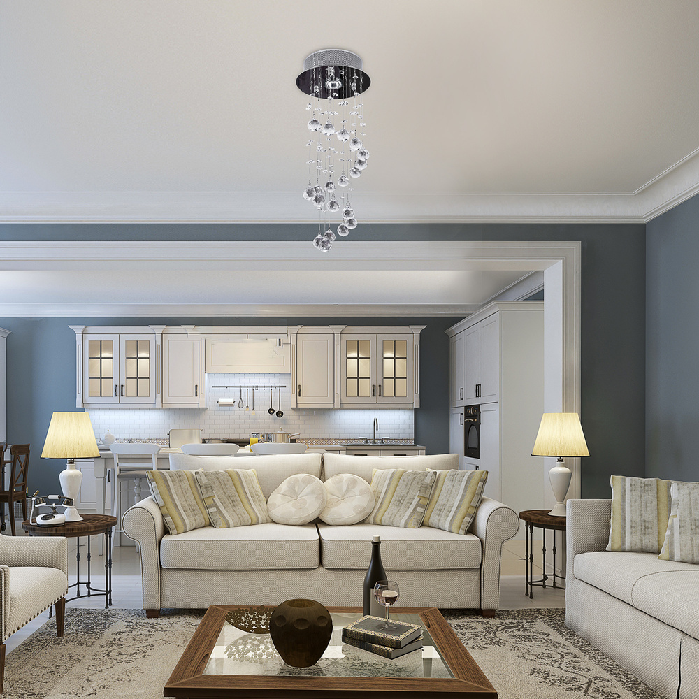 HOMCOM Metal Crystal Ceiling Light Chandelier Elegant Pendant Lamp Living Room Stairway Spiral Rain Drop Pendant Lamp Silver