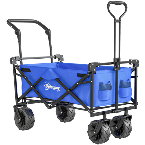Outsunny Folding Trolley Cart Storage Wagon Beach Trailer 4 Wheels with Handle Overhead Canopy Cart Push Pull for Camping, Blue