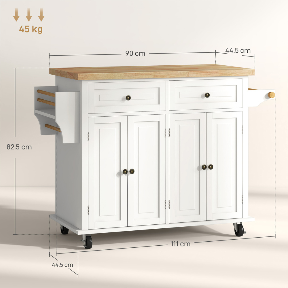 HOMCOM Rolling Kitchen Island Storage Trolley with Rubber Wood Top & Drawers for Dining Room, Cream White