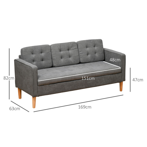 HOMCOM Modern 3 Seater Sofa with Hidden Storage, 169cm Tufted Snow Flannel Couch with Wood Legs, Compact Sofa for Living Room, Grey