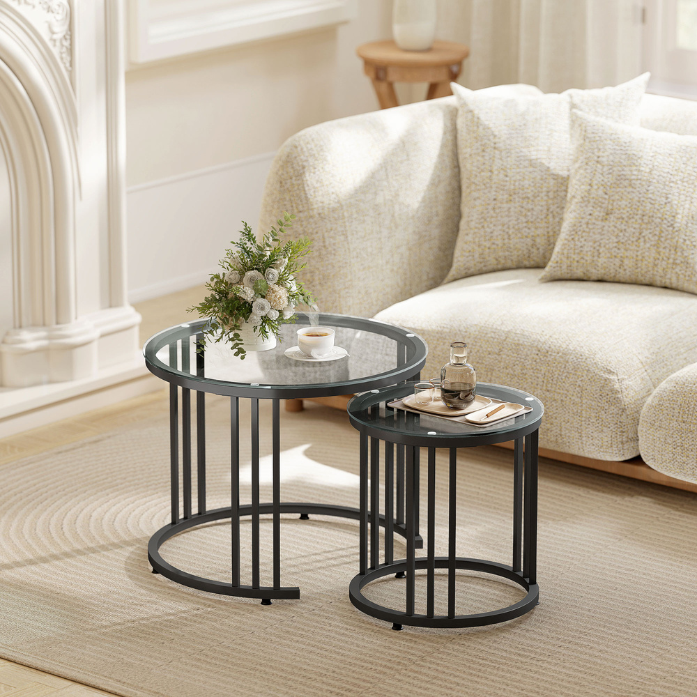 HOMCOM Round Coffee Tables Set of 2, Nesting Tables with Tempered Glass Top and Steel Frame, Black
