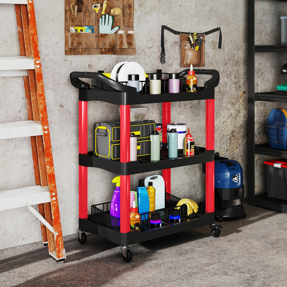 HOMCOM 3-Tier Rolling Tool Cart, Tool Trolley on Wheels, Plastic Mobile Service Utility Cart with Handles for Garage, Mechanics and Warehouse, 91kg Capacity, Black and Red