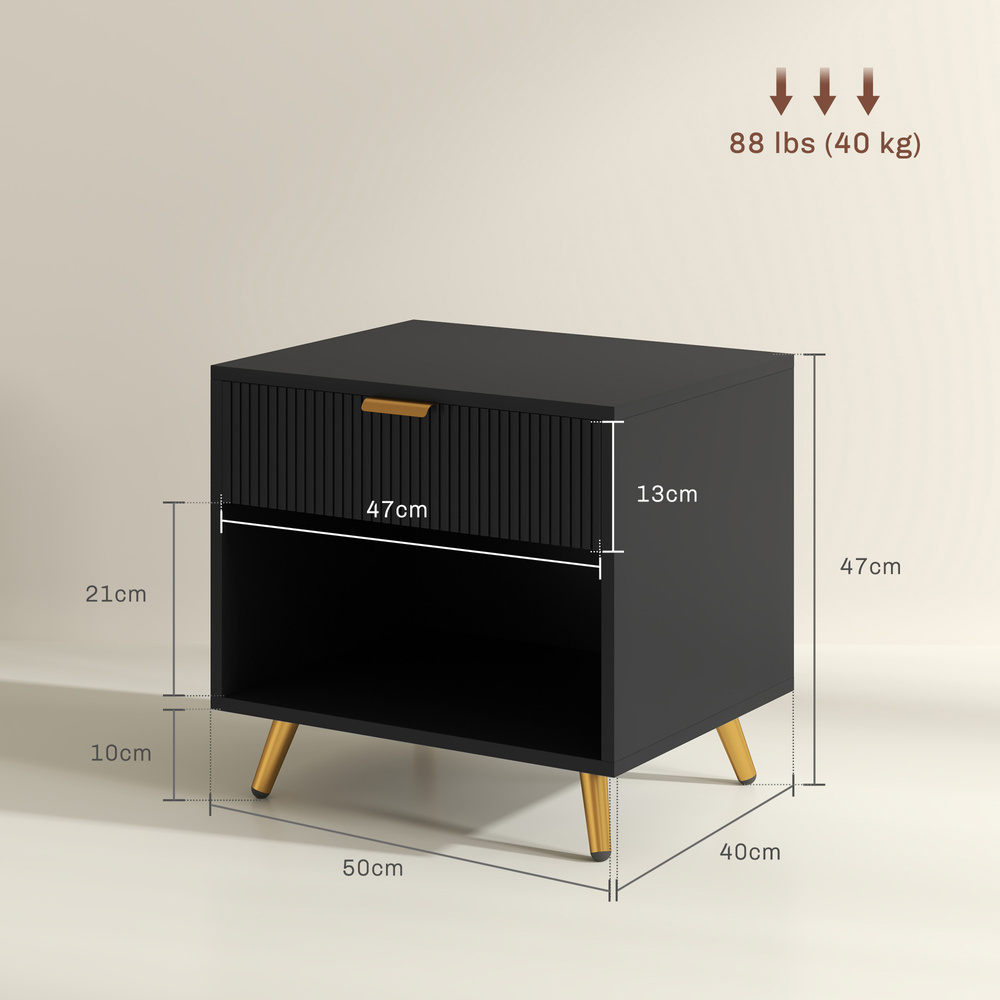 HOMCOM Elegant Bedside Table Set of 2, with Drawer and Shelf - Black/Gold Tone