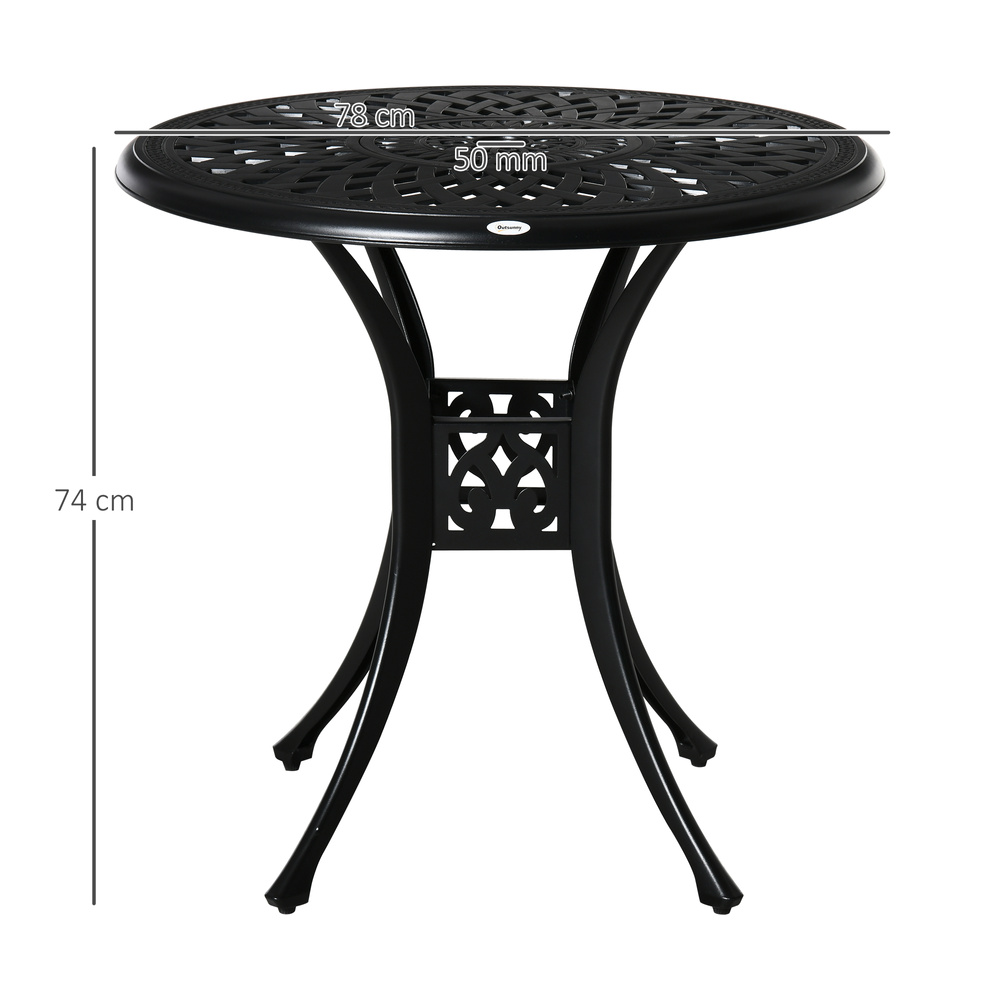 Outsunny 78 cm Round Garden Dining Table with Parasol Hole Antique Cast Aluminium Outdoor Table Only, Black