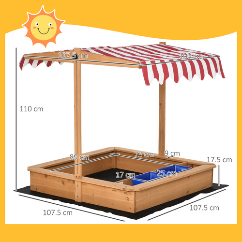 Outsunny Sand Pit Kids Wooden Sandbox with Cover Children Sandpit Play Station Height Adjustable with Canopy, Bottom Liner, Plastic Basins for Outdoor Aged 3-7 Years
