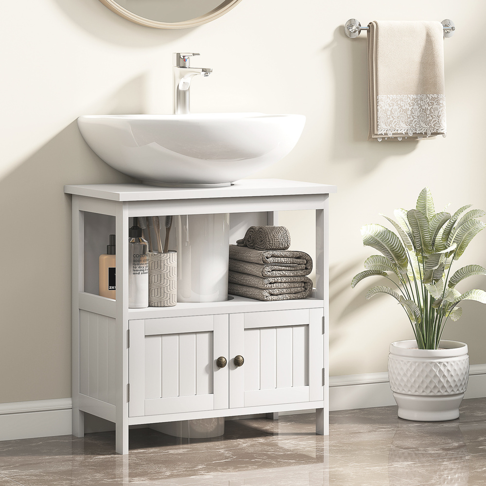 kleankin Pedestal Under Sink Cabinet with Double Doors, Modern Bathroom Vanity Storage Unit with Shelves, White