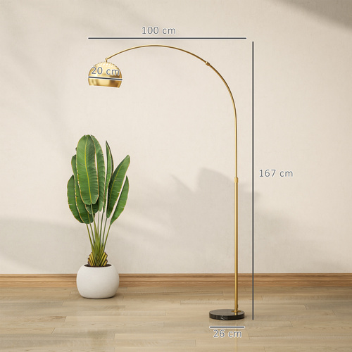 HOMCOM 167cm Arc Floor Lamp for Living Room, Modern Adjustable Standing Lamp with Foot Switch, Faux Black Marble Base and Bell Shade for Home Offices, Bedrooms, Gold Tone