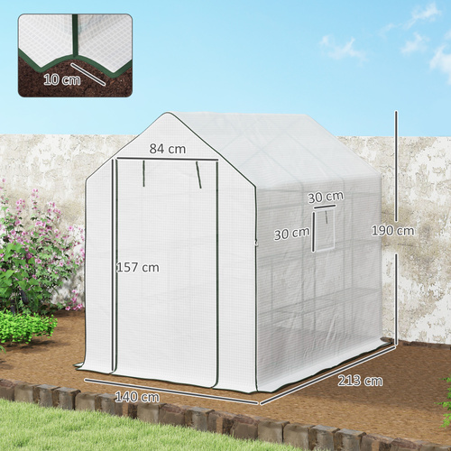 Outsunny Walk-in Greenhouse with 3 Tier 12 Shelves, Small Greenhouse with Reinforced PE Cover, Garden Plant Growhouse with Roll-up Door and Three Mesh Windows, 140 x 213 x 190 cm, White