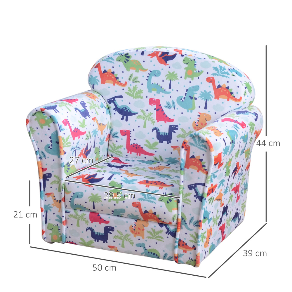 HOMCOM Children's Armchair Flannel Kids Sofa Tub Chair Cartoon Dinosaur Pattern Wooden Frame Bedroom Playroom Seater Multicolour