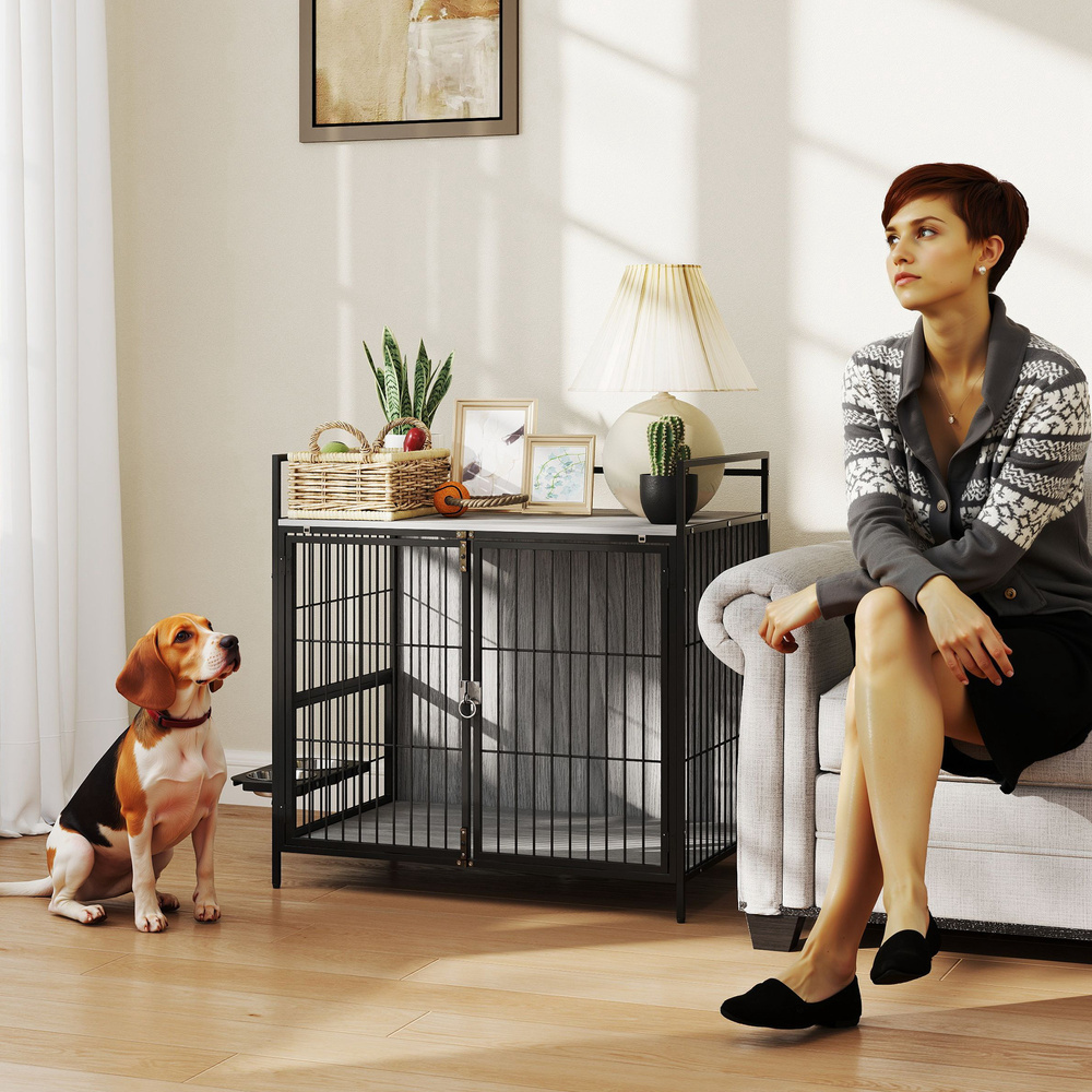 PawHut Dog Crate Furniture with Rotating Bowl Holder, 2 Bowls, 2 Doors, for Medium Dogs, 80 x 56 x 76.5 cm, Grey