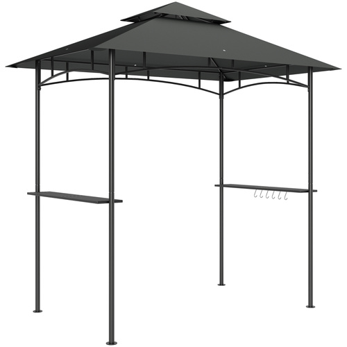 Outsunny 8' x 5' Grill Gazebo, Double Tiered BBQ Gazebo Shelter Canopy with LED Lights, 2 Side Shelves, Hooks, Dark Grey