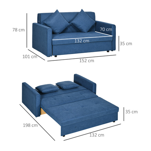 HOMCOM 2 Seater Sofa Bed with Hidden Storage, Pull Out Convertible Bed Settee, Modern Snow Flannel Loveseat Sofa Sleeper with 2 Cushions for Living Room, Guest Room, Deep Blue