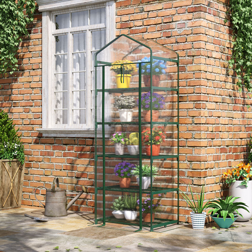Outsunny 5 Tier Mini Greenhouse, Small Walk-in Greenhouse with Reinforced Plastic Cover, Garden Grow House with Roll Up Door and Shelves, 69 x 49 x 193cm, Green