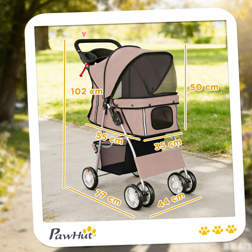 PawHut Dog Pram, Pet Stroller with Reflective Strips, Foldable Cat Stroller with 360° Swivel Wheels, Brown