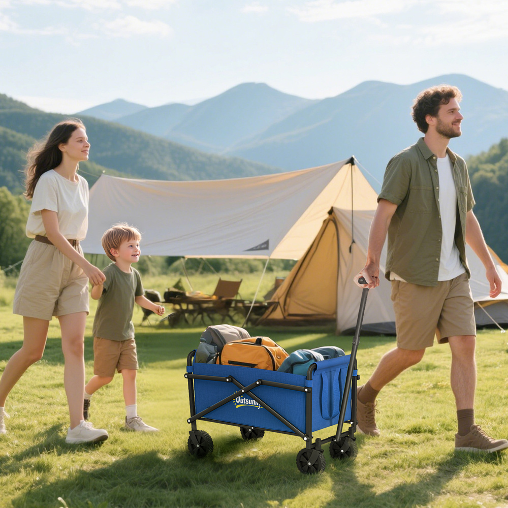 Outsunny 41L Festival Trolley on Wheels, Compact Garden Folding Trolley Cart, 60kg Heavy Duty Collapsible Foldable Wagon with Adjustable Handle and Carrying Bag for Beach, Camping, Festival, Blue