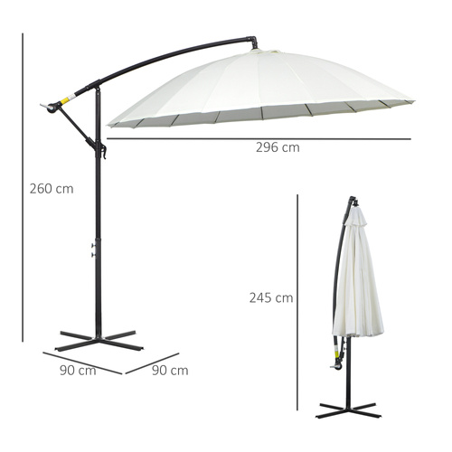 Outsunny 3(m) Cantilever Umbrella 18 Ribs & Vents Adjustable Angle for Patio Cream White