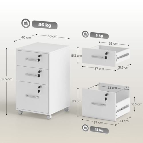 HOMCOM Three Drawer Wood-Effect Filing Cabinet - White