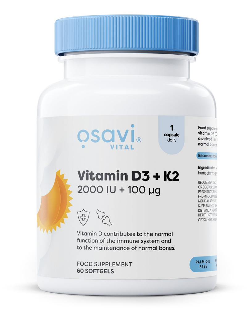 Osavi Vitamin D3 + K2 2000 IU + 100 mcg For Healthy Bones and Immunity 60 Softgels