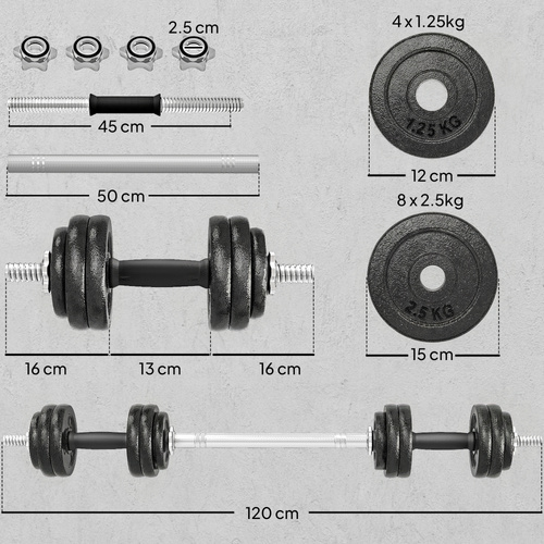 SPORTNOW 2-in-1 Adjustable Dumbbells Set, 30kg Cast Iron Weights Dumbbells Set with Non-Slip Grip for Strength Training, Weight Lifting, Bodybuilding, Home Gym Workout Equipment for Men & Women