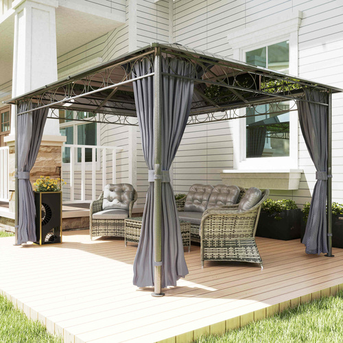 Outsunny 3 x 3.6m Hardtop Gazebo Canopy with Polycarbonate Roof, Permanent Pavilion Garden Gazebo with Curtains for Patio, Deck, Grey