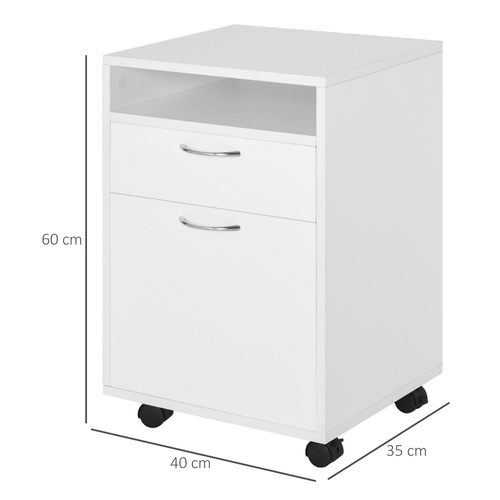 HOMCOM Filing Cabinet, Mobile File Cabinet with 2 Lockable Drawers, Office Home Organiser on Wheels for A4, Letter-Size File Folders, Mobile Printer with Open Shelf, White