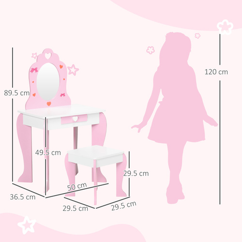 ZONEKIZ Kids Dressing table Set w/ Mirror, Stool, Drawer, Cute Patterns, for Ages 3-6 Years - Pink