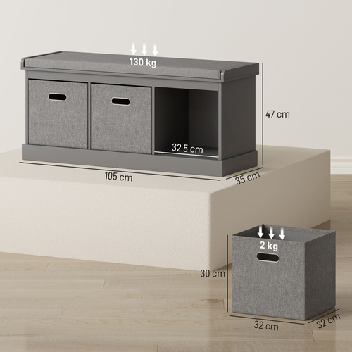 HOMCOM Three-Drawer Shoe Storage Bench, with Padded Top Seat - Grey