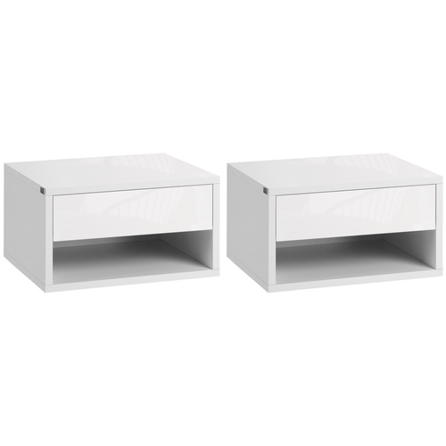 HOMCOM Set of Two Floating Bedside Tables - High Gloss White