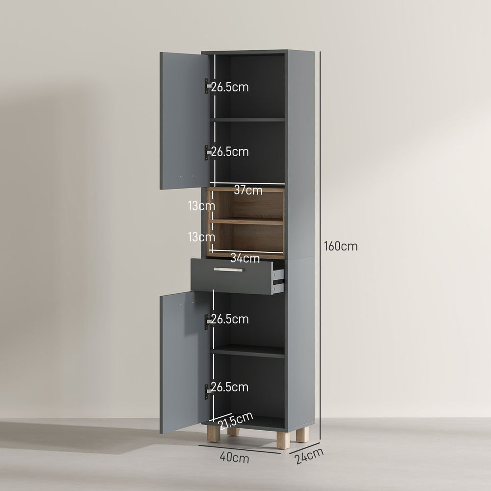 HOMCOM Tall Bathroom Storage Cabinet with MDF Triamine Board and Waterproof Sticker - Matte Grey