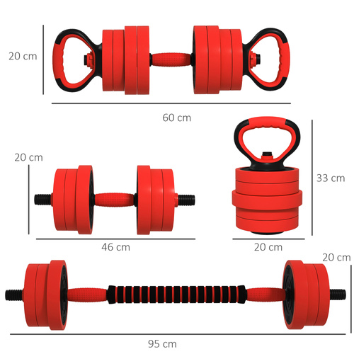 SPORTNOW 20kg 6-In-One Adjustable Weight Dumbbells Set, Barbell, Kettlebell, Push Up Stand - Red