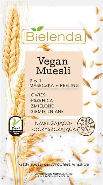 Bielenda Vegan Muesli 2w1 Maseczka Nawilżająca Peeling Oczyszczający z Pszenicą Owsem do Każdego Typu Cery 8g