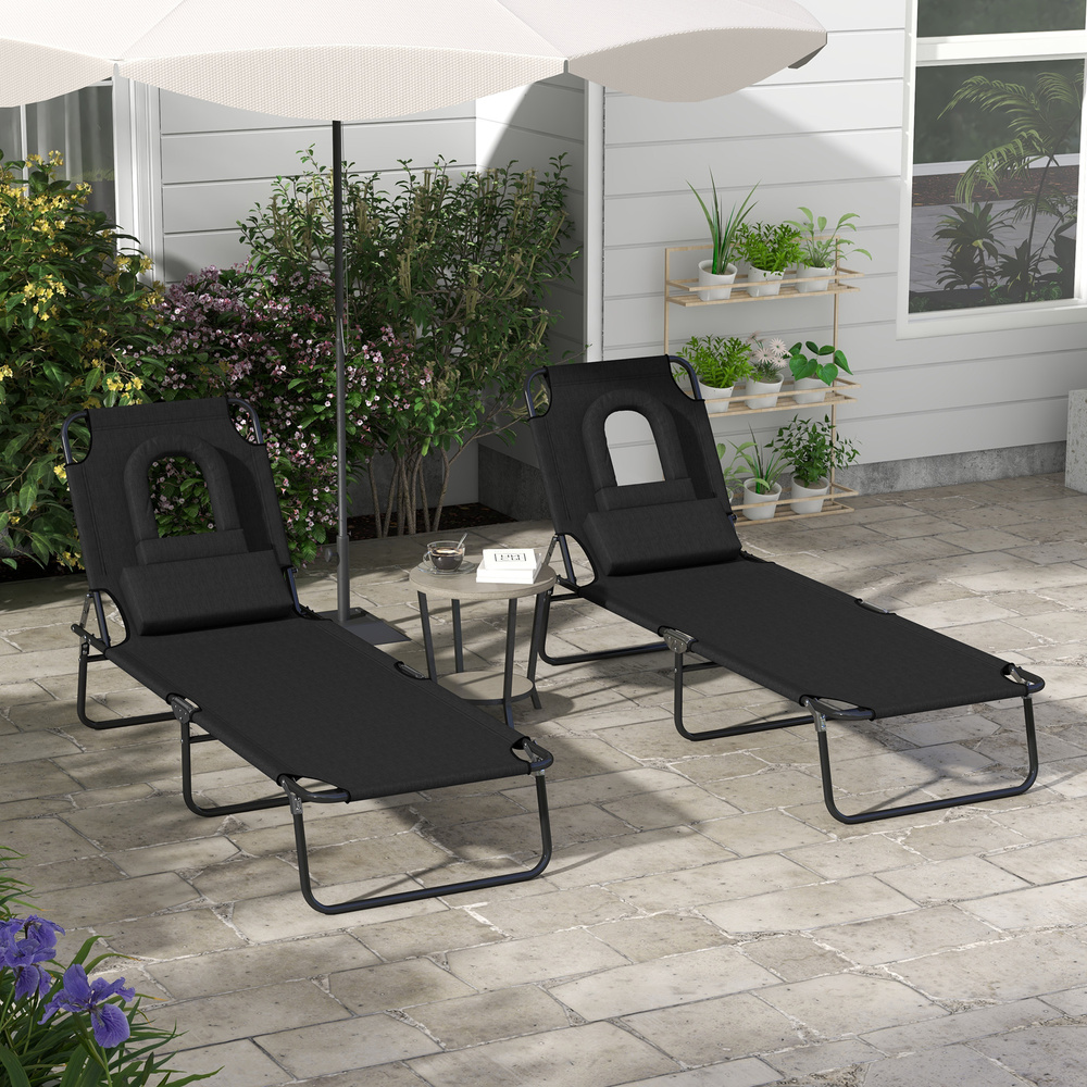 Outsunny Folding Sun Loungers Set of 2 with Face Hole, 4-Position Adjustable Backrest Garden Recliner Chairs Sunbeds, Outdoor Lounge Chairs with 600 D Oxford Cloth Seat, Pillow for Beach, Black