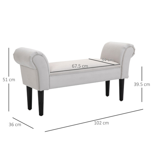 HOMCOM Small Bench, Upholstered Window Seat with Arms and Wooden Legs, Modern Shoe Bench for Entryway, Living Room, Bedroom, Greyish White