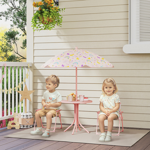AIYAPLAY 4-Piece Kids Garden Table and Chair Set with Adjustable Parasol, Folding Chairs, Table, Rainbow Pattern, Pink
