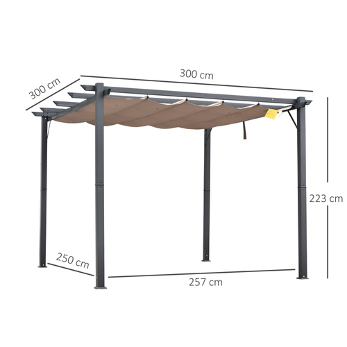 Outsunny 3m x 3m Pergola - Retractable Aluminium 3x3 Garden Shade for Outdoor BBQ & Gatherings, Family Use, Brown
