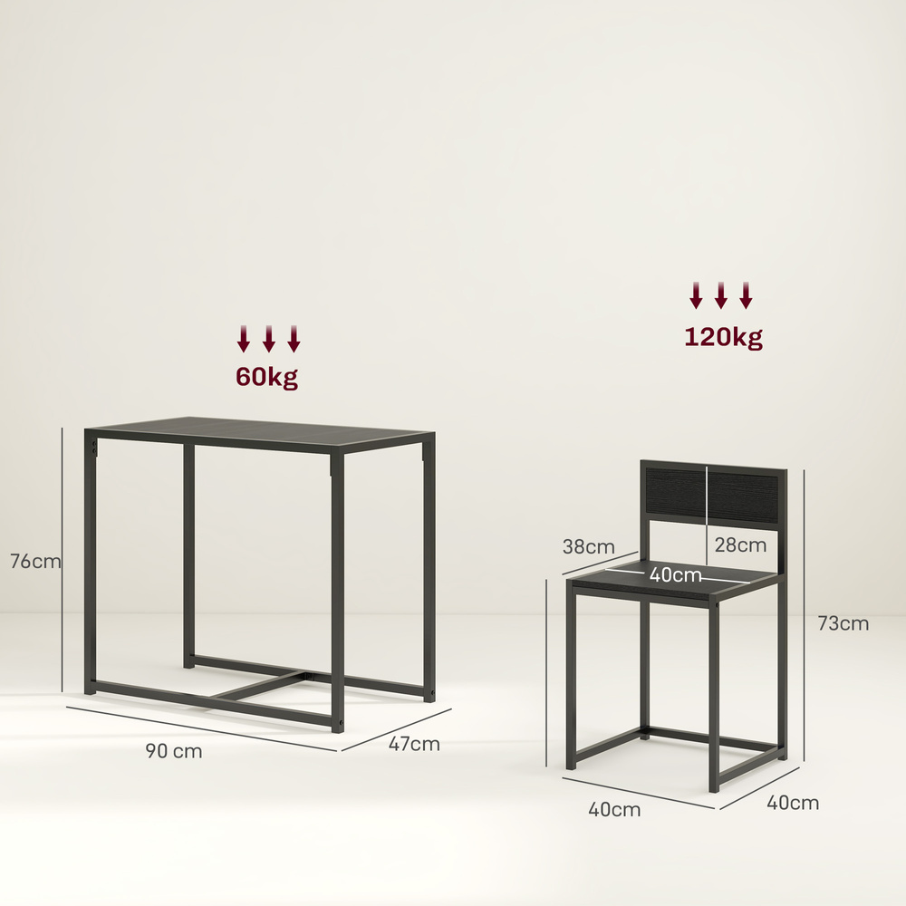 HOMCOM Dining Table and Chairs Set 2, Dining Room Sets, Rectangular Space Saving Table and 2 Chairs for Compact Kitchens, Steel Frame, Black