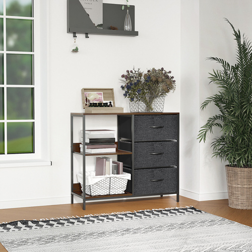 HOMCOM Chest of Drawers Storage  Dresser Cabinet Organizer with 3 Fabric Drawers and 2 Display Shelves for Living Room, Bedroom, Hallway, Black
