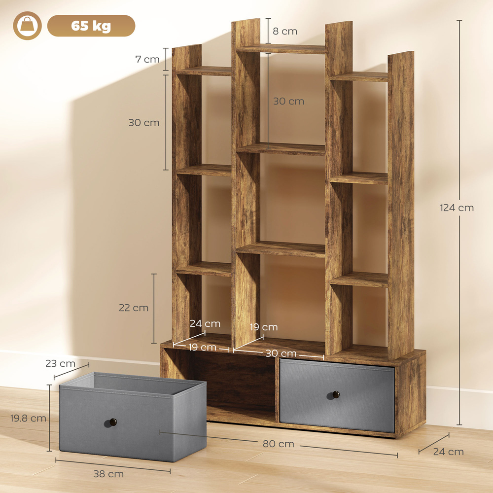 HOMCOM 12 Shelf Storage Unit, with Drawers - Brown