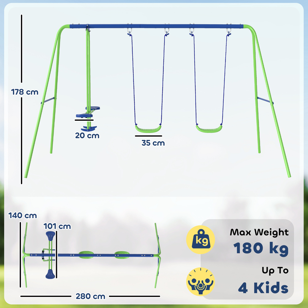 Outsunny Metal Garden Swing Set Height Adjustable Children Outdoor Backyard Play Set for Toddlers Over 3 Years Old, Green