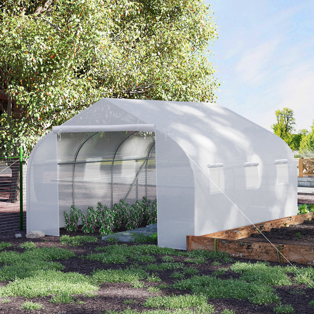 Outsunny Walk-In Polytunnel Greenhouse Warm House Garden Tunnel Shelter Plant Shed with Door and Windows, Galvanised Steel Frame, 4.5 x 3 x 2m, White