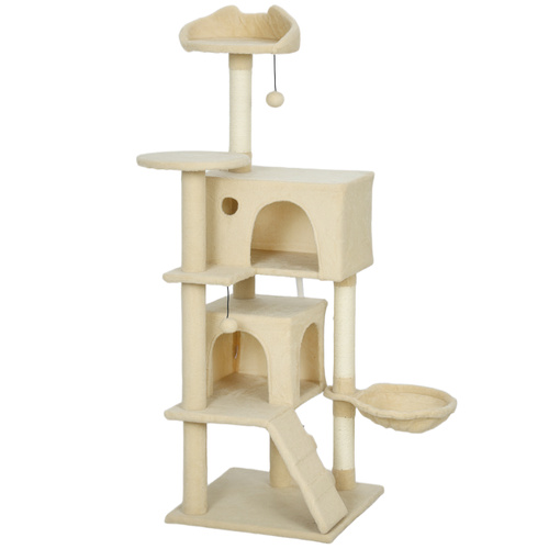 PawHut 140cm Large Cat Tree Tower with Sisal Scratching Posts, Plush Perches, Hammock, Beige